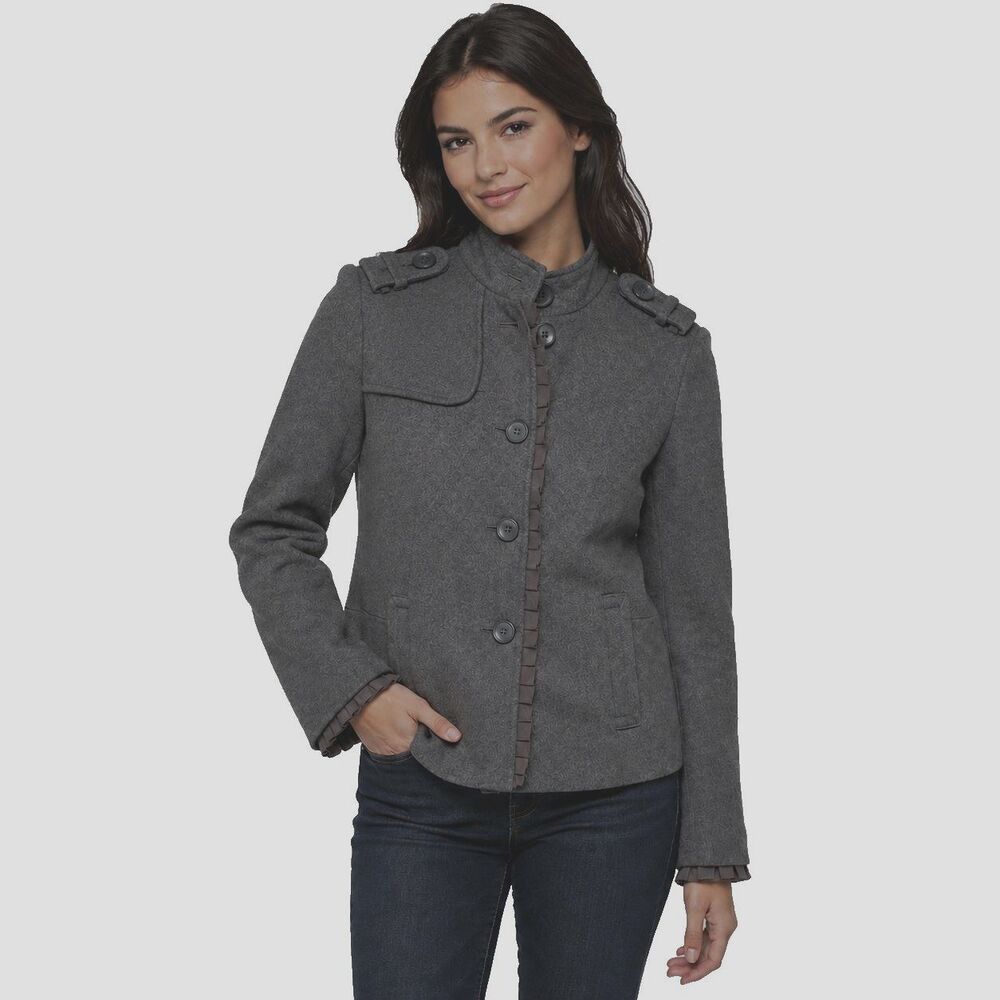 Gap Womens Size 4 Wool Blend Military Jacket Gray Ruffle Epaulet Y2K 2009